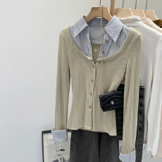 批发<b class='q'>实拍</b>图韩系<b class='q'>衬衫</b>领条纹拼接修身开衫<b class='q'>T</b><b class='q'>恤</b>女秋2025新款独特减龄上衣