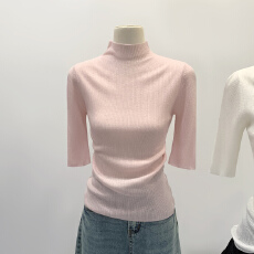 批发实拍图粉色半高领羊毛针织打底衫女秋2025新款修身显瘦五分<b class='q'>袖</b><b class='q'>上衣</b>