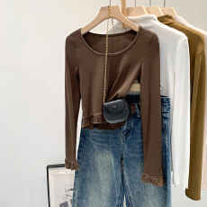 批发实拍图木耳边套头圆领针织<b class='q'>打底</b>衫女秋冬2025新款修身显瘦短款<b class='q'>上衣</b>