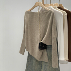 批发实拍图不规则一字肩羊毛<b class='q'>打底衫</b>女秋冬2025新款内搭高级感露肩上衣