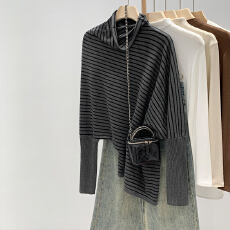 批发实拍图慵懒感条纹半<b class='q'>高领</b>针织<b class='q'>打底衫</b>女秋冬宽松显瘦可外穿套头上衣