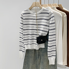 批发实拍图条纹圆领长袖针织开衫女秋冬2025新款内搭修身<b class='q'>显瘦</b>韩系上衣