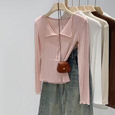 批发实拍图粉色翻领内搭打底衫T恤女秋冬2025新款修身<b class='q'>显瘦</b>长袖上衣