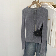 实拍图花边圆领针织打底衫女秋冬2025新款修身显瘦内搭别致小上衣