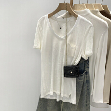 批发实拍图<b class='q'>白色</b>亚麻口袋V领打底衫<b class='q'>T</b><b class='q'>恤</b>女秋冬2025新款宽松显瘦内搭上衣