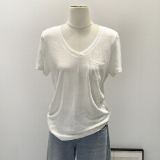 批发实拍图<b class='q'>白色</b>亚麻口袋V领打底衫<b class='q'>T</b><b class='q'>恤</b>女秋冬2025新款宽松显瘦内搭上衣