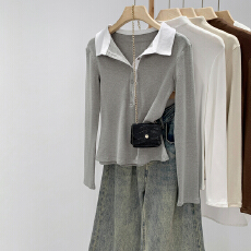 批发实拍图撞色翻领内搭打底长袖T恤秋冬2025新款绝美小众漂亮POLO衫