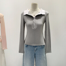 批发实拍图撞色翻领内搭打底长袖T恤秋冬2025新款绝美小众漂亮POLO衫