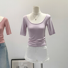批发实拍图纯欲性感修身u领正肩<b class='q'>短袖</b><b class='q'>T</b><b class='q'>恤</b>2025夏新款薄款轻奢高级感上衣