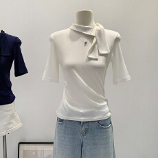 批发实拍图莱赛尔天丝羊毛设计感半高领绑带正肩<b class='q'>t</b><b class='q'>恤</b>新款<b class='q'>白色</b>中袖上衣