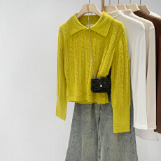 批发<b class='q'>实拍</b>图翻领毛衣复古黄色内搭打底针织POLO衫女冬季2025新款短上衣