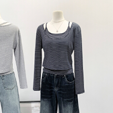 批发实拍图天丝条纹内搭小吊带长袖<b class='q'>罩衫</b>T恤两件套女秋冬2025新款上衣