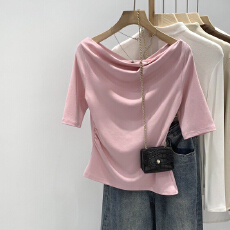 批发实拍图掐腰粉色荡领一字肩五分<b class='q'>袖</b><b class='q'>T</b><b class='q'>恤</b>女春夏2025新款短款小上衣