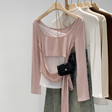 批发实拍图拼接假两件不规则设计感绑带收腰长袖内搭打底衫女<b class='q'>秋</b>冬上衣