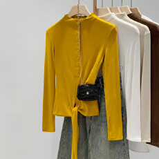 批发实拍图设计感绑带半高领打底衫女<b class='q'>秋</b>冬2025新款修身显瘦韩系上衣