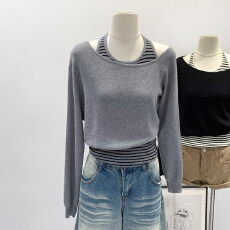 批发实拍图条纹内搭挂脖背心斜肩针织衫套装女<b class='q'>秋</b>冬独特漂亮两件套上衣