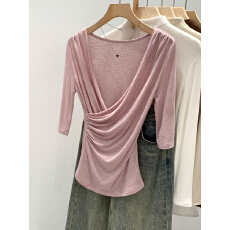 批发实拍莱赛尔天丝羊毛交叉V领五分<b class='q'>袖</b><b class='q'>T</b><b class='q'>恤</b>女春夏2026新款荡领中<b class='q'>袖</b>上衣