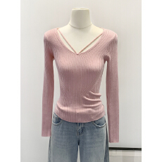 批发实拍<b class='q'>韩版</b>坑条纹U领修身长袖针织打底衫女2026秋冬款粉色内搭上衣