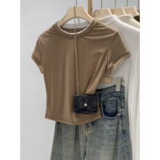 批发实拍图欧货爆款撞色拼接正肩短袖<b class='q'>T</b><b class='q'>恤</b>女夏季2026新款美式辣妹上衣