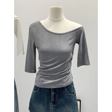 批发实拍图纯欲斜肩露肩收腰抽褶五分<b class='q'>袖</b><b class='q'>T</b><b class='q'>恤</b>女早春2026新款高级感上衣
