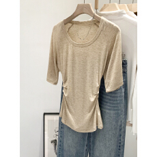 批发实拍图莱赛尔天丝羊毛收腰抽褶五分袖T恤女初夏2026新款<b class='q'>中袖</b>上衣