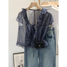 批发实拍图纯欲木耳边系带V领短袖T恤女<b class='q'>夏</b>季2026新款微透薄款罩衫上衣