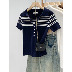 批发实拍老钱风穿搭正肩条纹拼接POLO衫女<b class='q'>夏</b>季2026新款翻领短袖针织衫