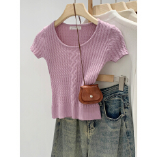 批发实拍图温柔系凡尔赛穿搭紫色正肩短袖T恤女<b class='q'>夏</b>季2026新款修身上衣