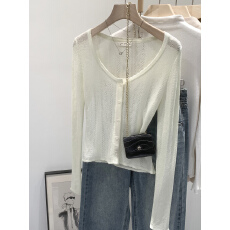 批发实拍图镂空v领长袖<b class='q'>针织</b><b class='q'>开衫</b>女春季2026新款设计感纽扣<b class='q'>短款</b>上衣