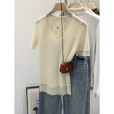 批发实拍图设计感V领<b class='q'>镂空</b>短袖<b class='q'>针织衫</b>女夏季2026新款漂亮宽松薄款上衣