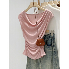 批发实拍图韩系ootd穿搭韩系荡领粉色无袖背心<b class='q'>T</b><b class='q'>恤</b>女夏季2026新款上衣