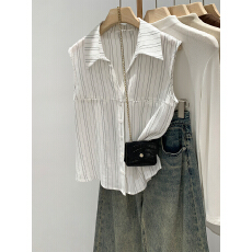 批发实拍图设计感小众白色条纹无袖背心T恤女夏季外穿<b class='q'>翻领</b>开衫上衣