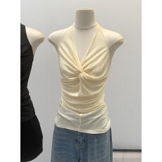 批发实拍莱赛尔天丝羊毛挂脖露背扭褶V领无袖<b class='q'>吊带</b><b class='q'>背心</b>女夏设计感上衣