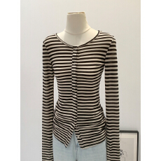 批发实拍图莱赛尔天丝袖口开衩条纹长袖<b class='q'>开衫</b>T恤女夏新款修身显瘦上衣