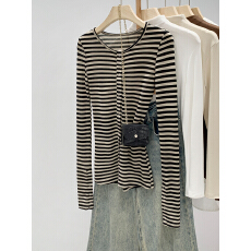 批发实拍图莱赛尔天丝袖口开衩条纹长袖<b class='q'>开衫</b>T恤女夏新款修身显瘦上衣