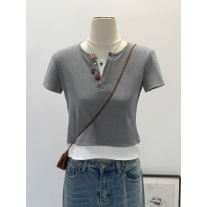 实拍图韩系正肩假两件纽扣V领短袖T恤女2026新款今年流行爆款上衣