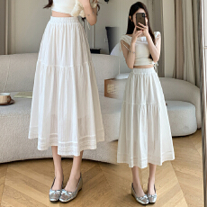 批发实拍 雪纺钩花长裙春季新款白色<b class='q'>半身裙</b>松紧腰<b class='q'>蕾丝</b>a字裙甜美小清新