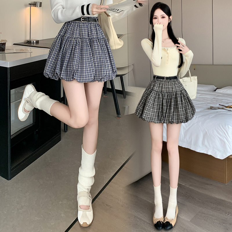 실사 체크무늬 꽃밭 미니 스커트 여성 한 부서 달콤한 자매 슬림해 보이는 다용도 주름 퍼프 한 마디 반신 스커트 노출 방지