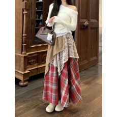 批发不规则拼接撞色格子<b class='q'>半身裙</b>女2024秋冬新款高腰显瘦休闲A字大摆裙