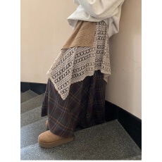 批发蕾丝拼接不规则半身<b class='q'>裙</b>女秋冬高腰大摆长<b class='q'>裙</b><b class='q'>显瘦</b>A字格子<b class='q'>伞</b><b class='q'>裙</b>