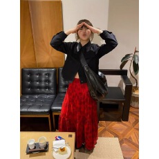 批发法式复古红色印花<b class='q'>半身裙</b>女春季氛围感高腰微透遮胯a<b class='q'>字</b>拼接蛋糕<b class='q'>裙</b>