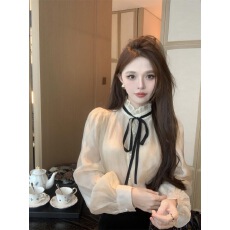 雪纺衫女法式千金名媛风立领绑带长袖衬衣女秋新款宫廷风衬衫上衣