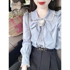 批发早秋新款小衫韩系<b class='q'>轻熟</b>上衣长袖修身蕾丝花边拼接娃娃领蝴蝶结通勤