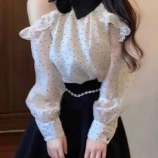 批发独特绝美时尚春秋<b class='q'>波点</b>花朵露肩<b class='q'>衬衫</b>女装高级感法式上衣