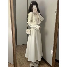 批发小香风圆领西装外套套装女冬季收腰显瘦半身裙甜美蝴蝶结长袖上衣