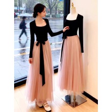 批发韩系温柔气质千金长袖坎肩<b class='q'>连衣裙</b>撞色秋冬女长裙显瘦温柔<b class='q'>网纱</b>拼接