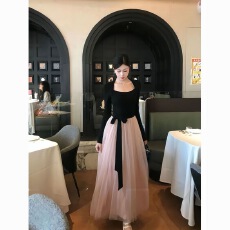 批发韩系温柔气质千金长袖坎肩<b class='q'>连衣裙</b>撞色秋冬女长裙显瘦温柔<b class='q'>网纱</b>拼接