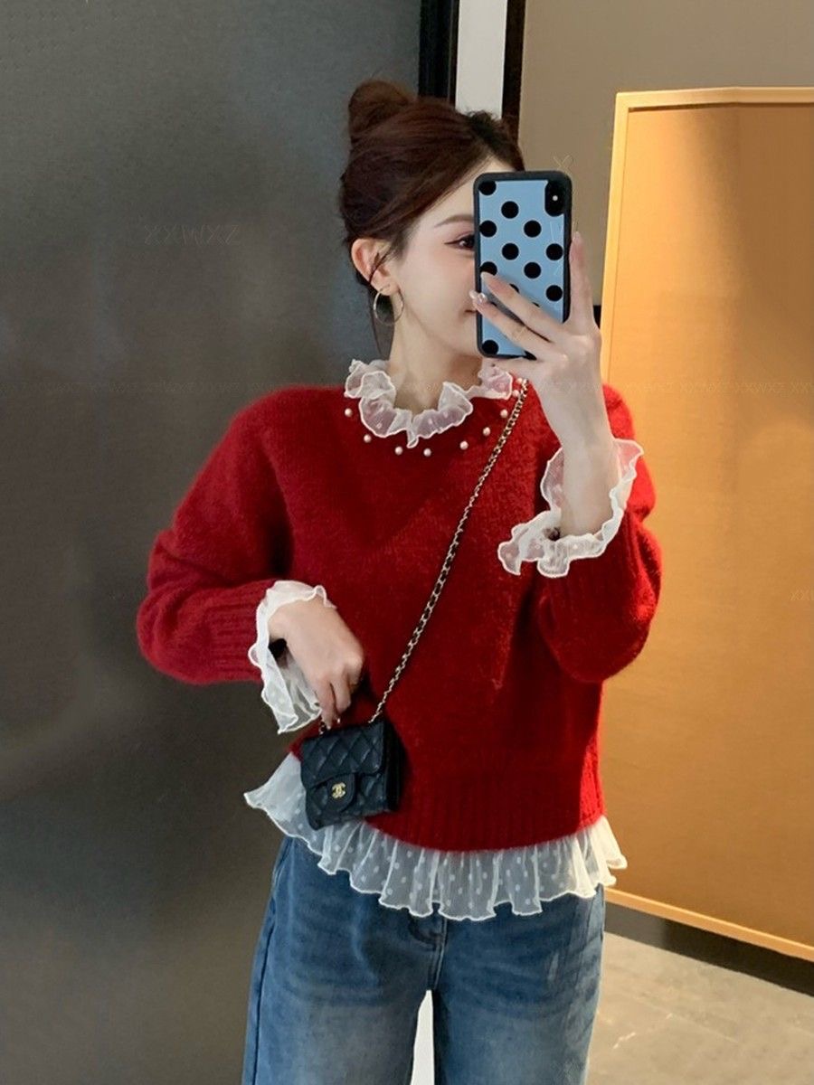 한국 동대문 가을 겨울 새로운 부드러운 찹쌀 디자인 센스 분위기 센스 비즈 박기 레이스 조각 크리스마스 니트 스웨터 스웨터