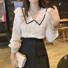 批发减龄荷叶边花边雪纺上衣女法式复古宫廷风设计感<b class='q'>娃娃领</b>蕾丝<b class='q'>衬衫</b>春