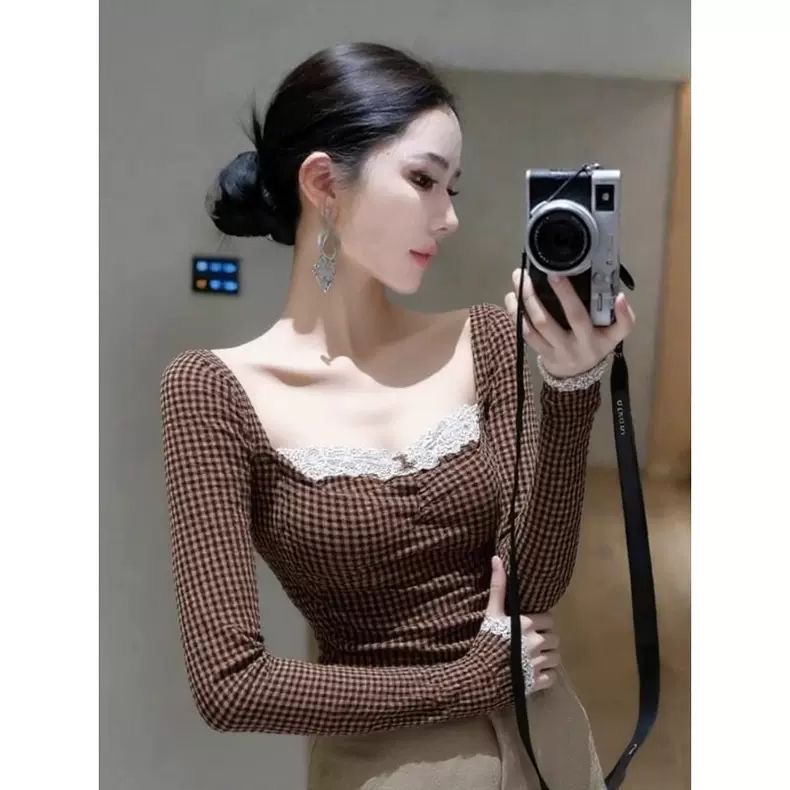 섹시함 달콤한 핫걸 체크무늬 레이스 조각 기본 셔츠 여성 인사이드 가져 가라. 가을 겨울철 몸매 가꾸기 슬림해 보이는 광장 칼라 긴팔 맨위